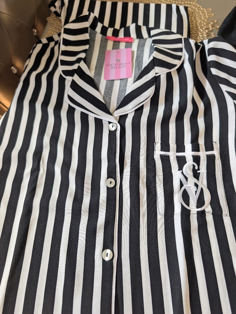 Victoria's Secret Black & White Vertical Stripe Button Pajama Pant Set Size M